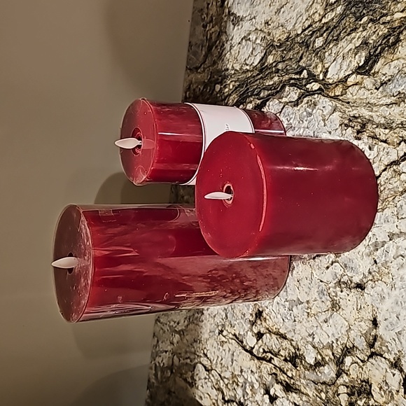 3 Pottery Barn red premium blameless wax pillar candles. - Picture 1 of 3